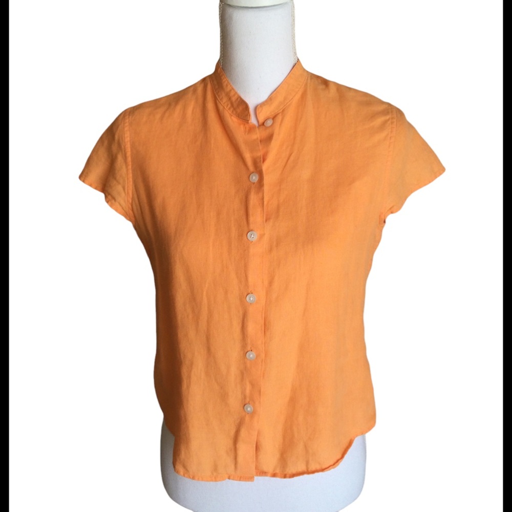 Talbots Irish Linen Button Up Blouse. Cap Sleeves. Mandarin Collar.